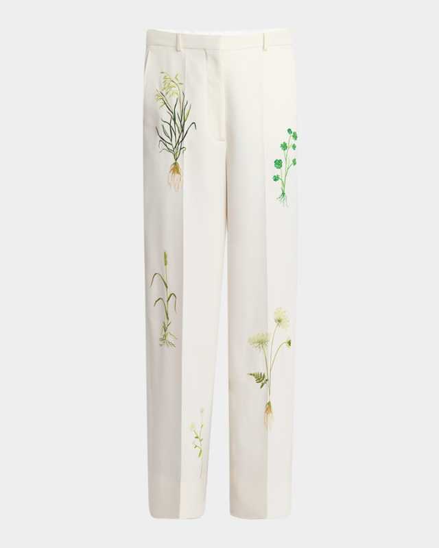 Floral Embroidered Loose Wool Pants